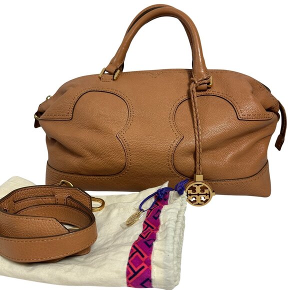 Tory Burch AMALIE Camel Satchel Shoulder Bag Pebbled Leather Beige Dust Bag - Picture 2 of 16